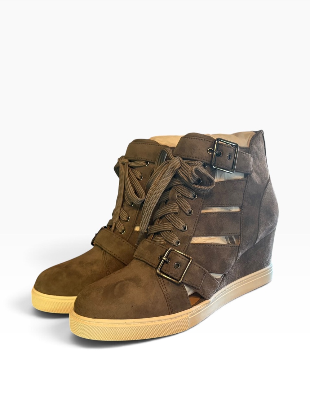 LINEA Paolo Fave Brown/Taupe Suede Cutout Wedge Sneakers – Size 10M